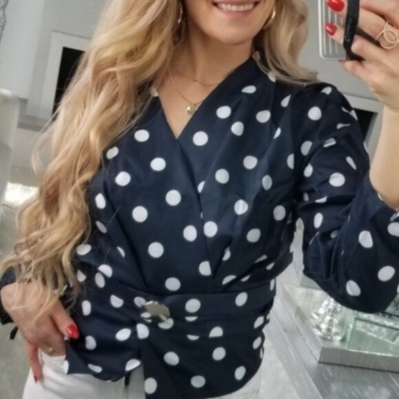 CLARE Polka Dot Top Puffed long sleeve Navy Blue - Picture 1 of 4